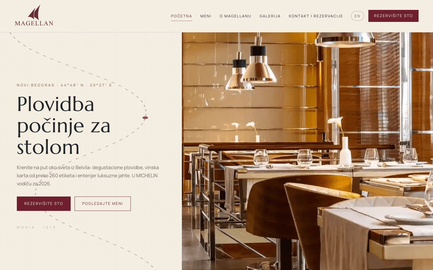 Sajt restorana Magellan - krem pozadina, ruta plovidbe i enterijer luksuzne jahte