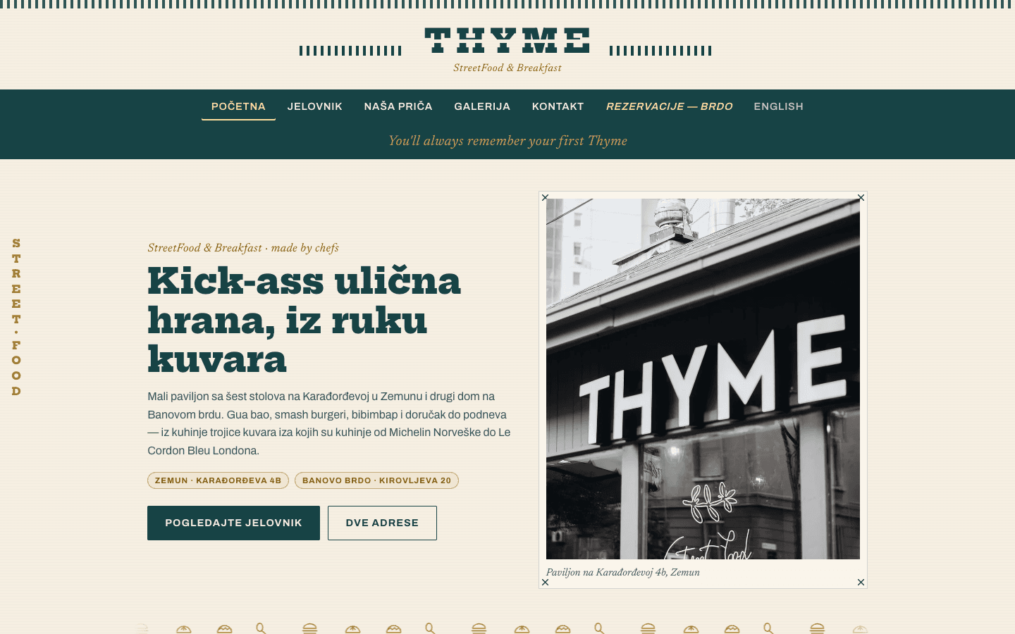 Sajt Thyme street food - zeleno-krem retro dizajn sa prugama