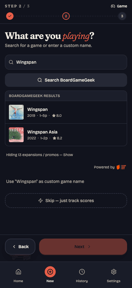GameScore game search showing BoardGameGeek results for Wingspan with box art, year and rating