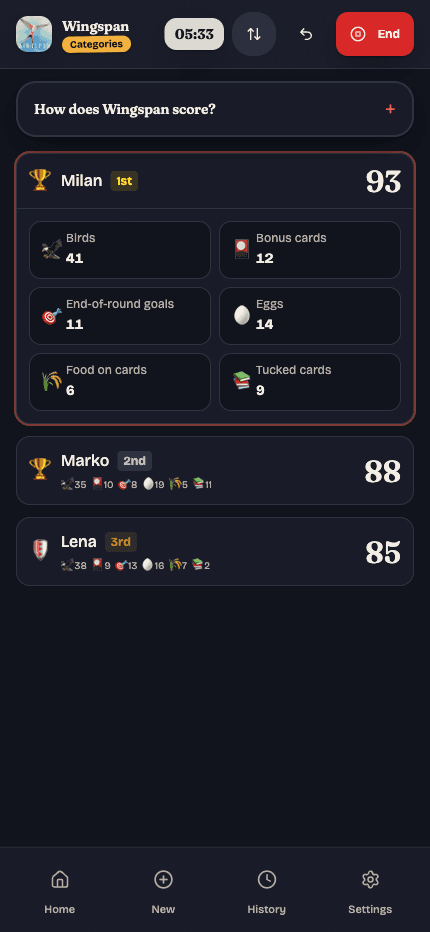 GameScore live match screen scoring Wingspan for three players, with a per-category breakdown for the leader
